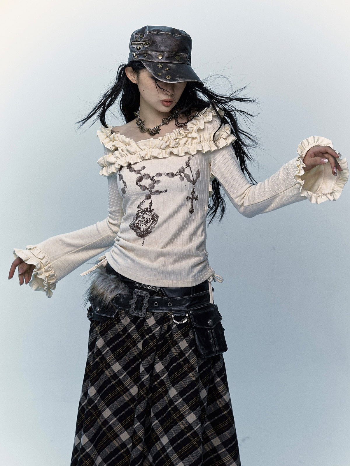 Ruffle Print Flare Sleeve Long Sleeve T-Shirt