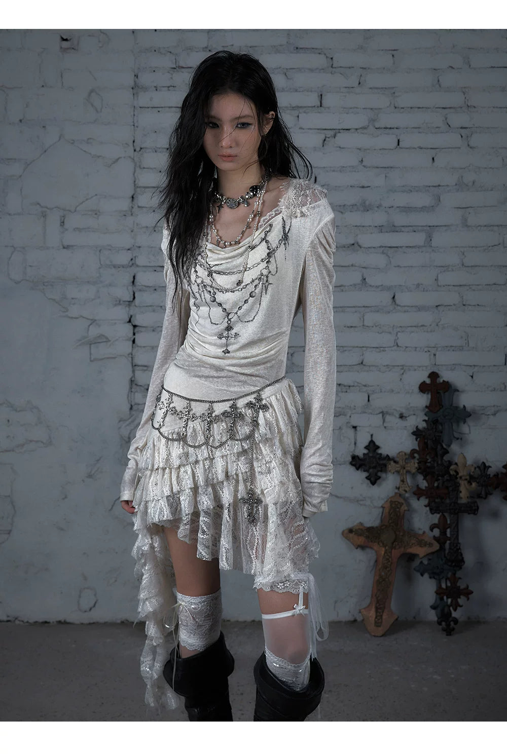 Lace Hooded Asymmetric Ruffle Dress