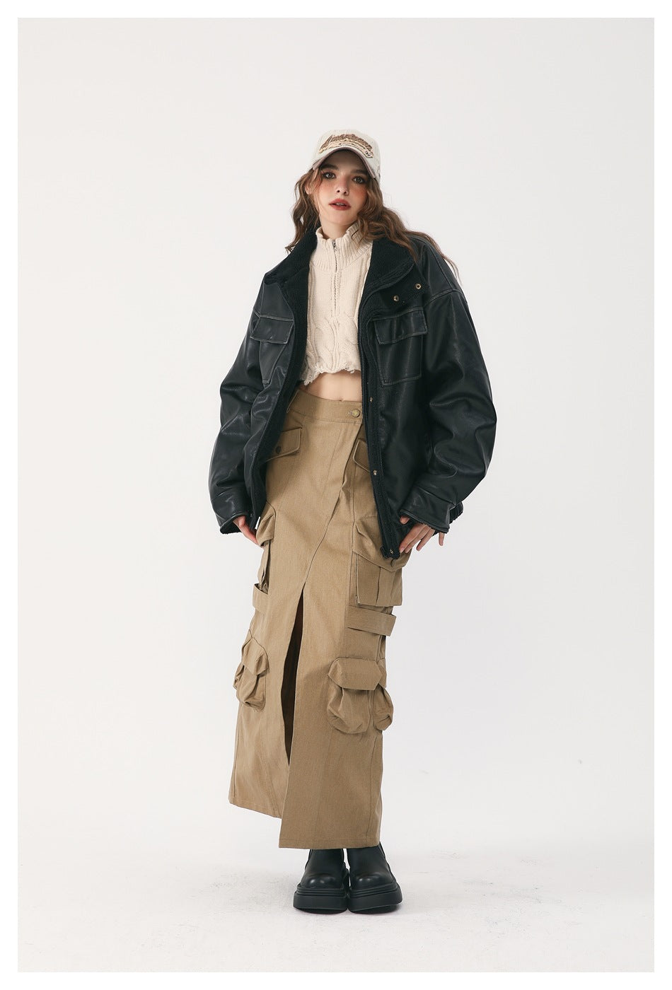 Veste unisexe vintage doublée de laine et de cuir