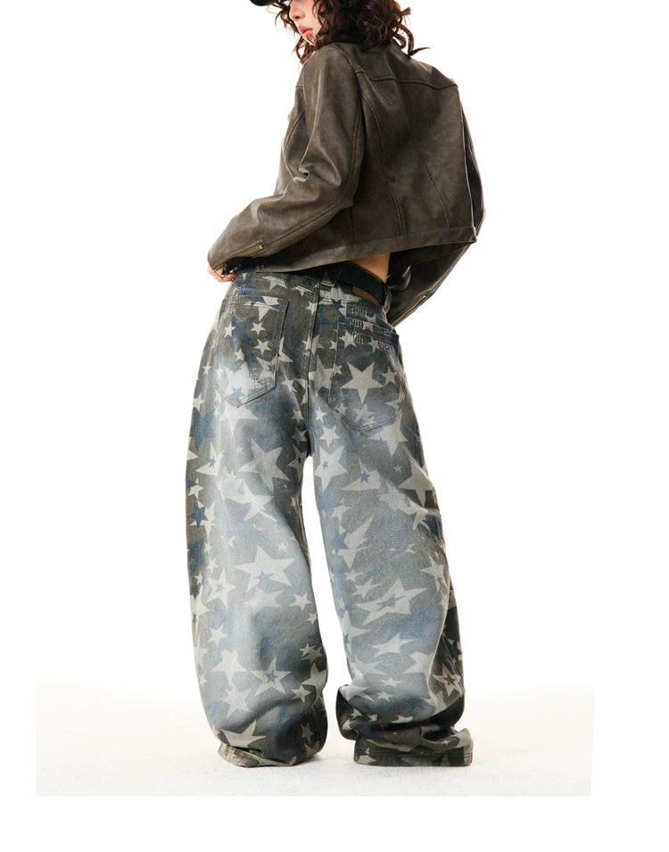 Star Print Damage Wide Leg Denim Jeans