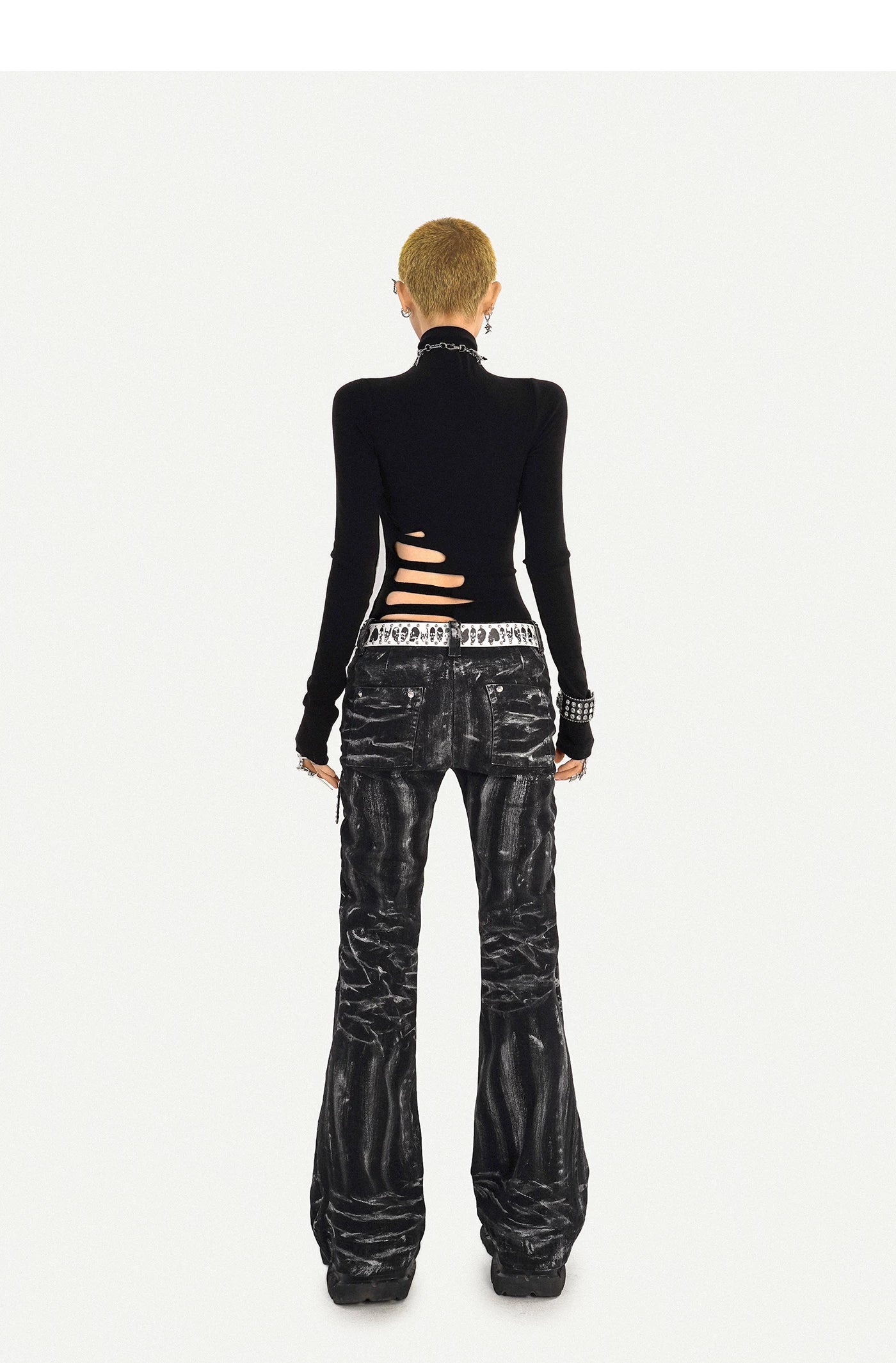Lightning Print Deconstructed Pleats Flare Denim Jeans
