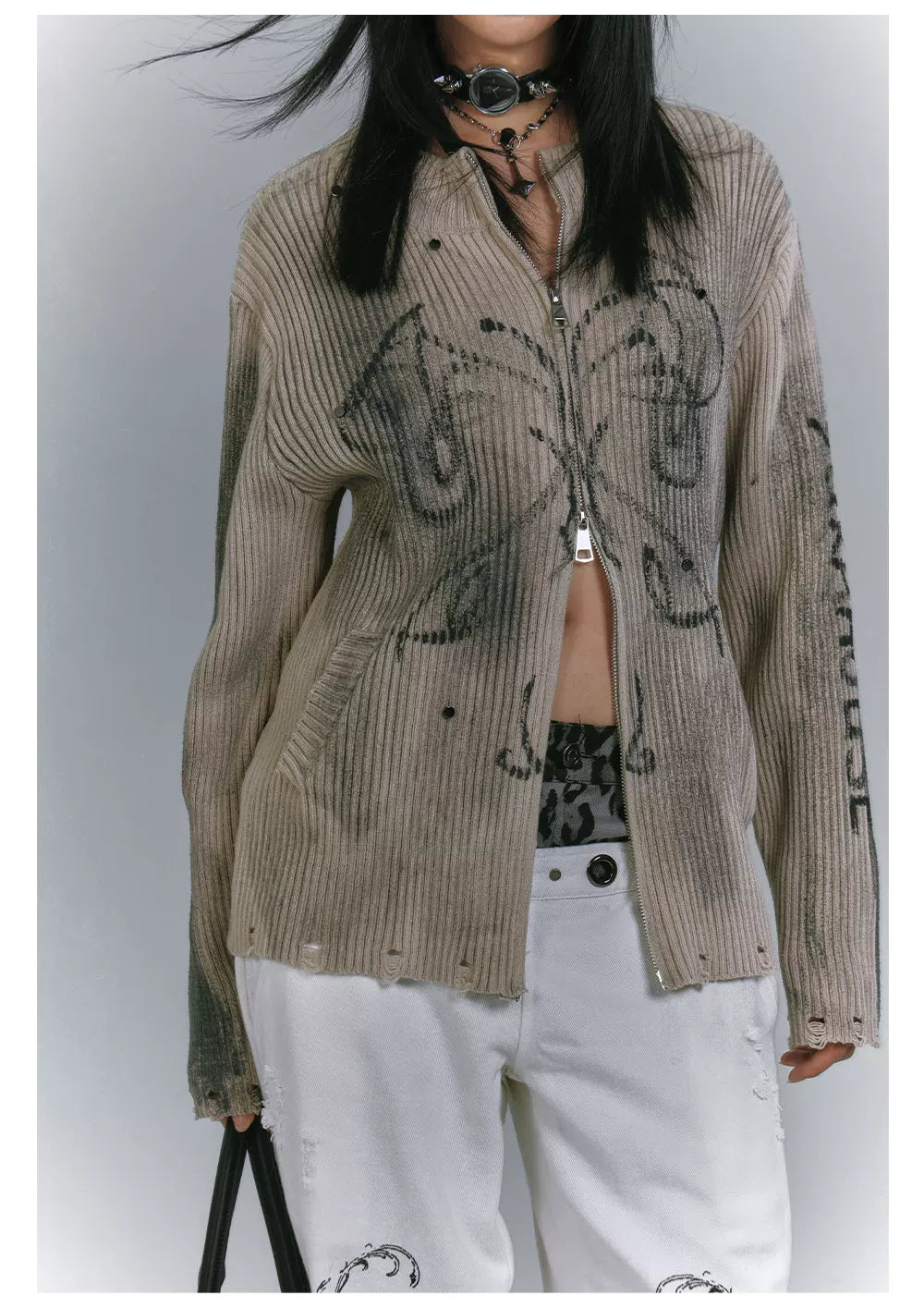 Washed Damage Graffiti Design Oversize Knit Cardigan