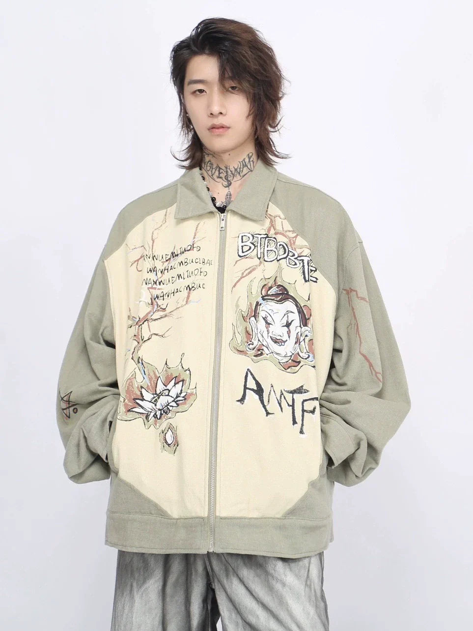 Graffiti Print Collar Zipper Jacket