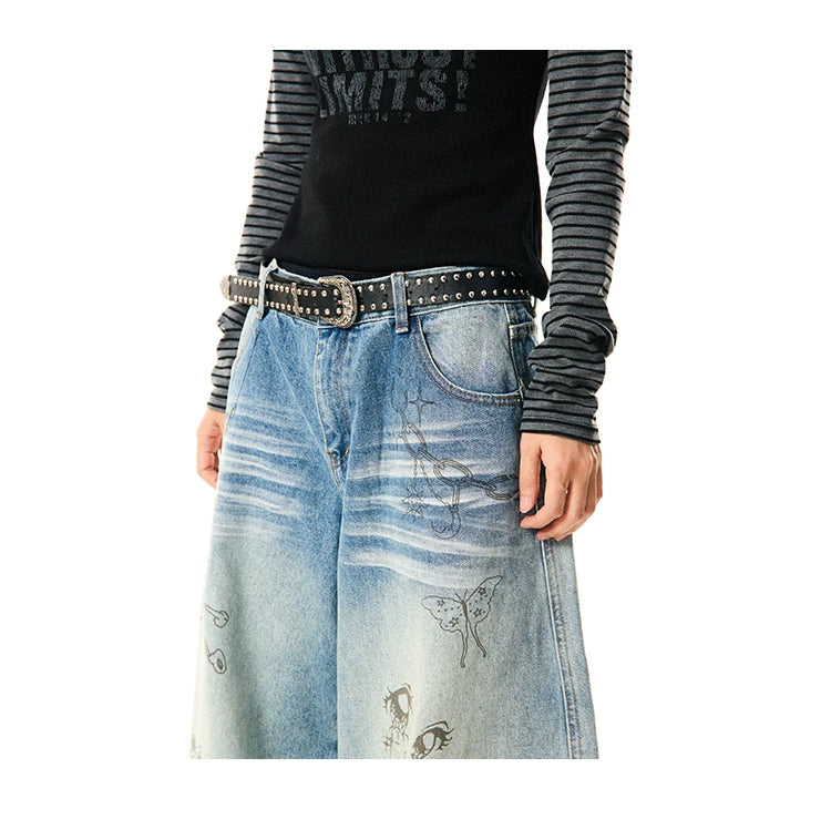 Washed Graffiti Print Wide Leg Denim Jeans