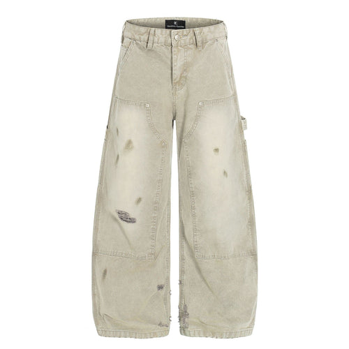 Calça Jeans Wide Leg com Detalhes Destruídos - Bege / S