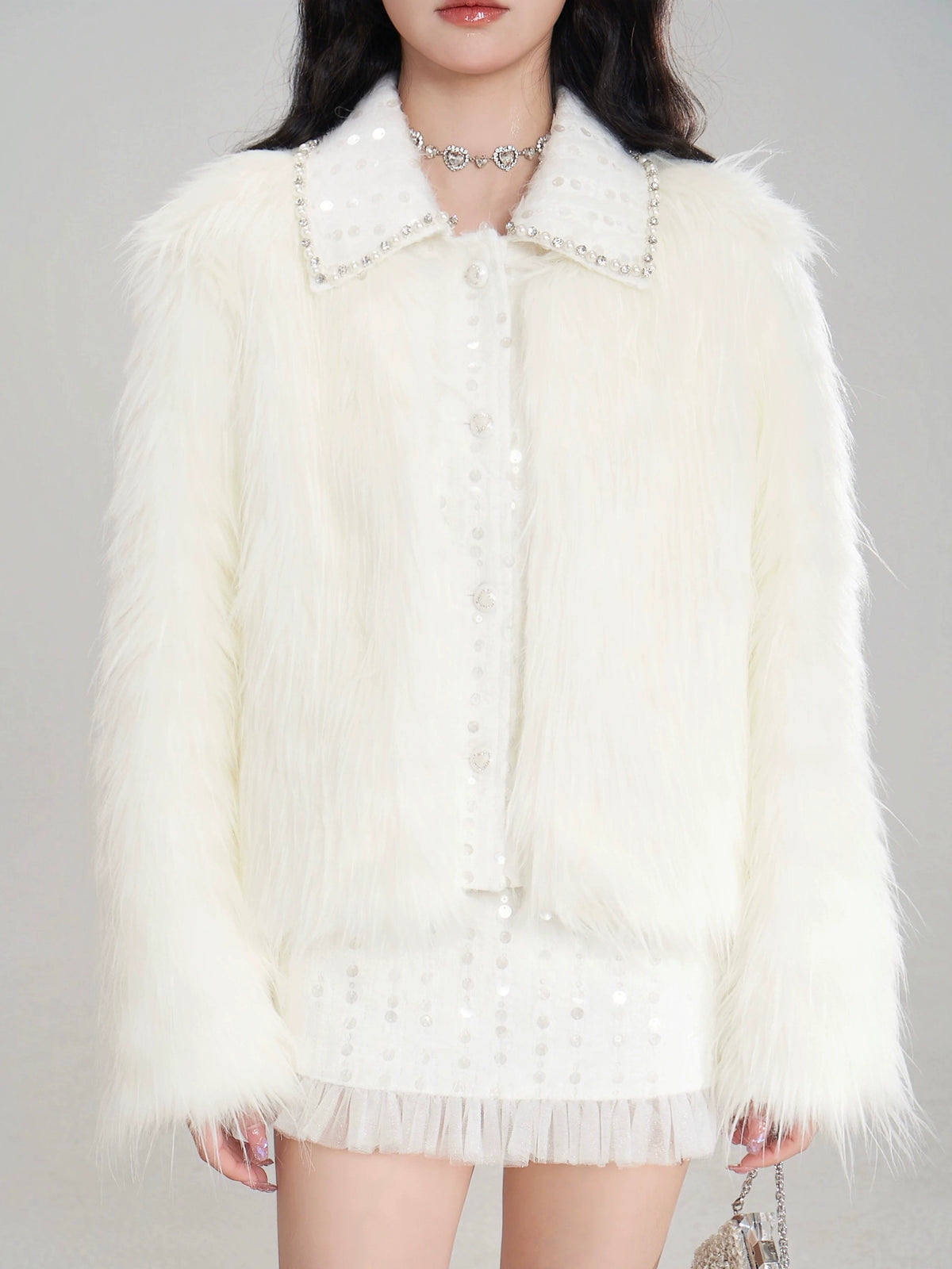 Eco Fur Warm Jacket & Short Skirt & Long Skirt Setup