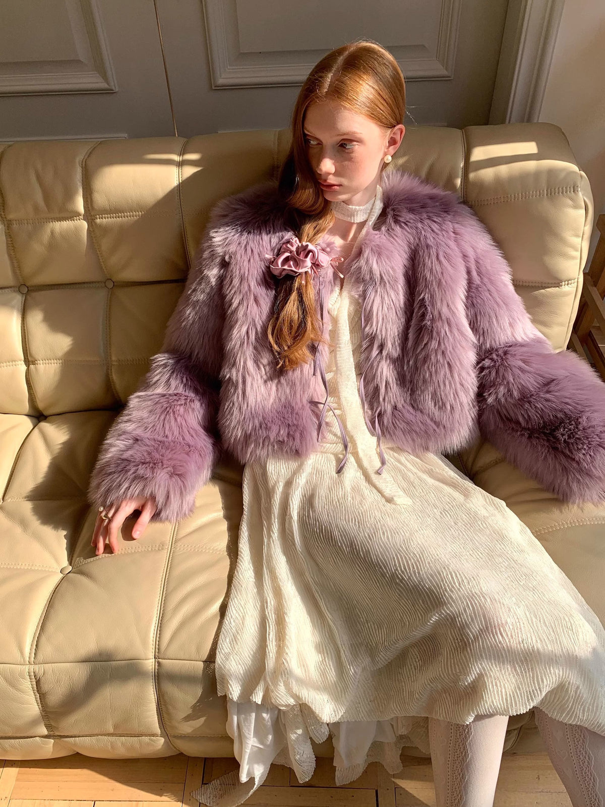 PU Leather Mix Bow Fur Jacket