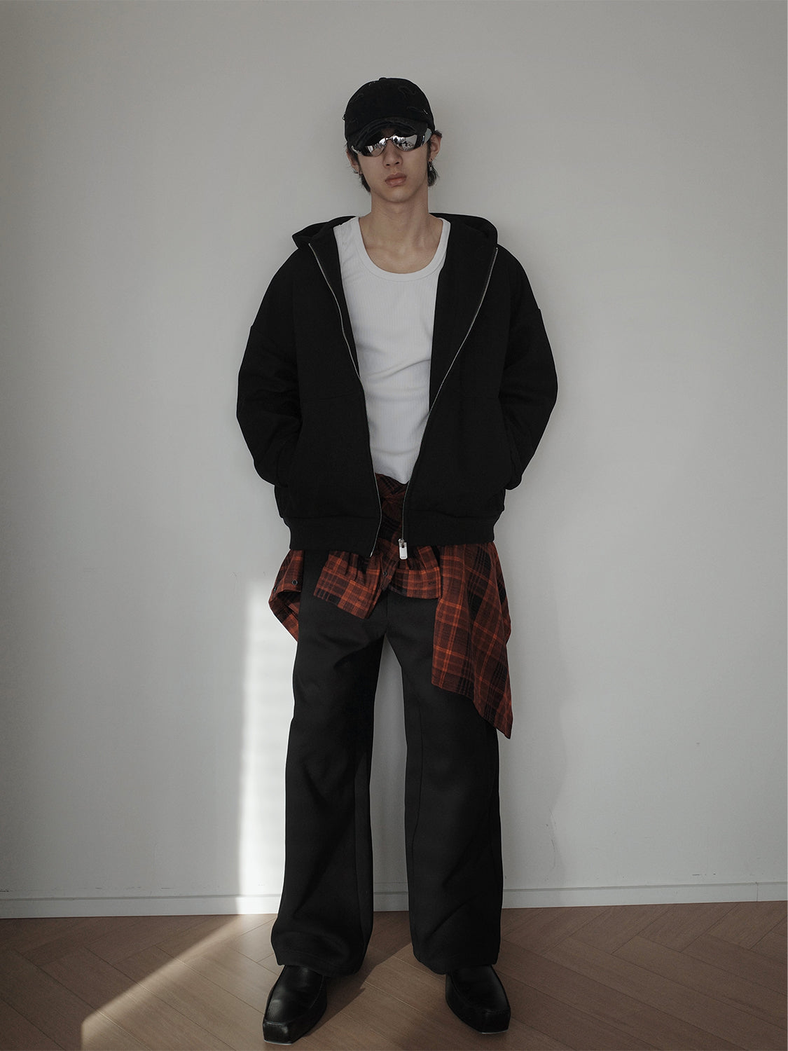 Detachable Fake Layered Plaid Shirt Zipper Hoodie
