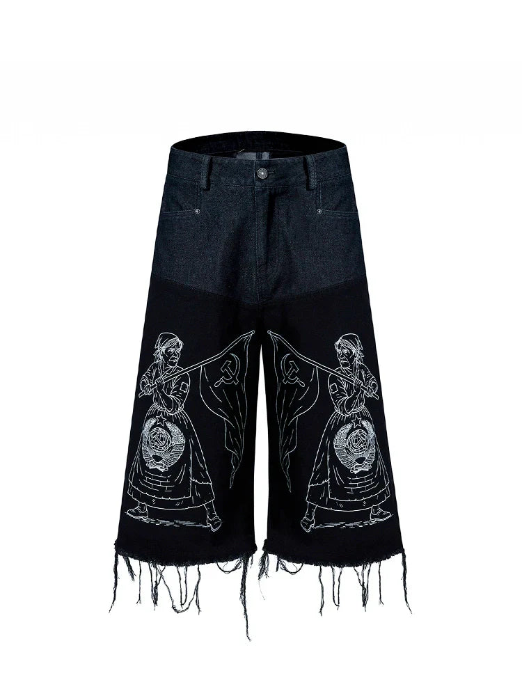 Graffiti Art Embroidery Patchwork Fringe Denim Short
