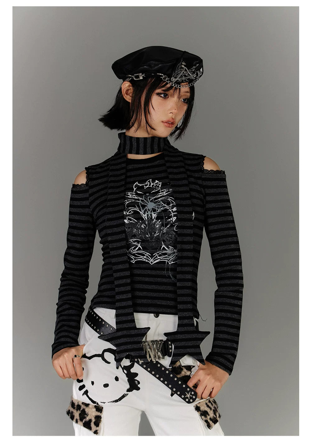 Stripe Graphic Print Cutout High-Neck Long Sleeve T-Shirt & Stripe Star Scarf
