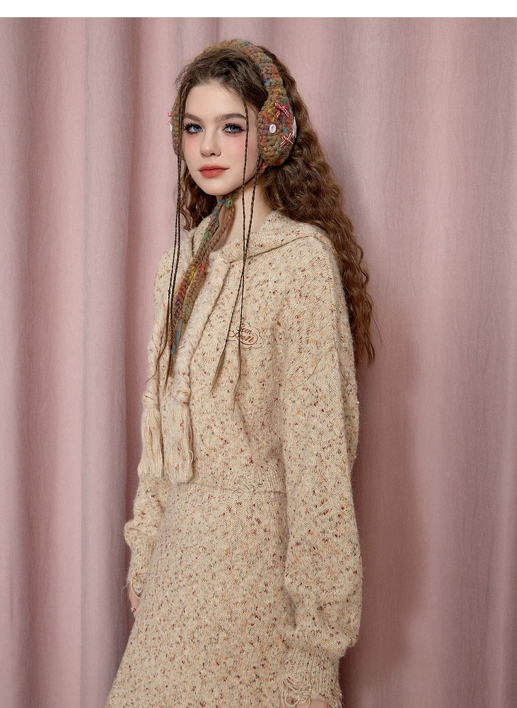Textured Hooded Knit Sweater & Long Knit Skirt Setup