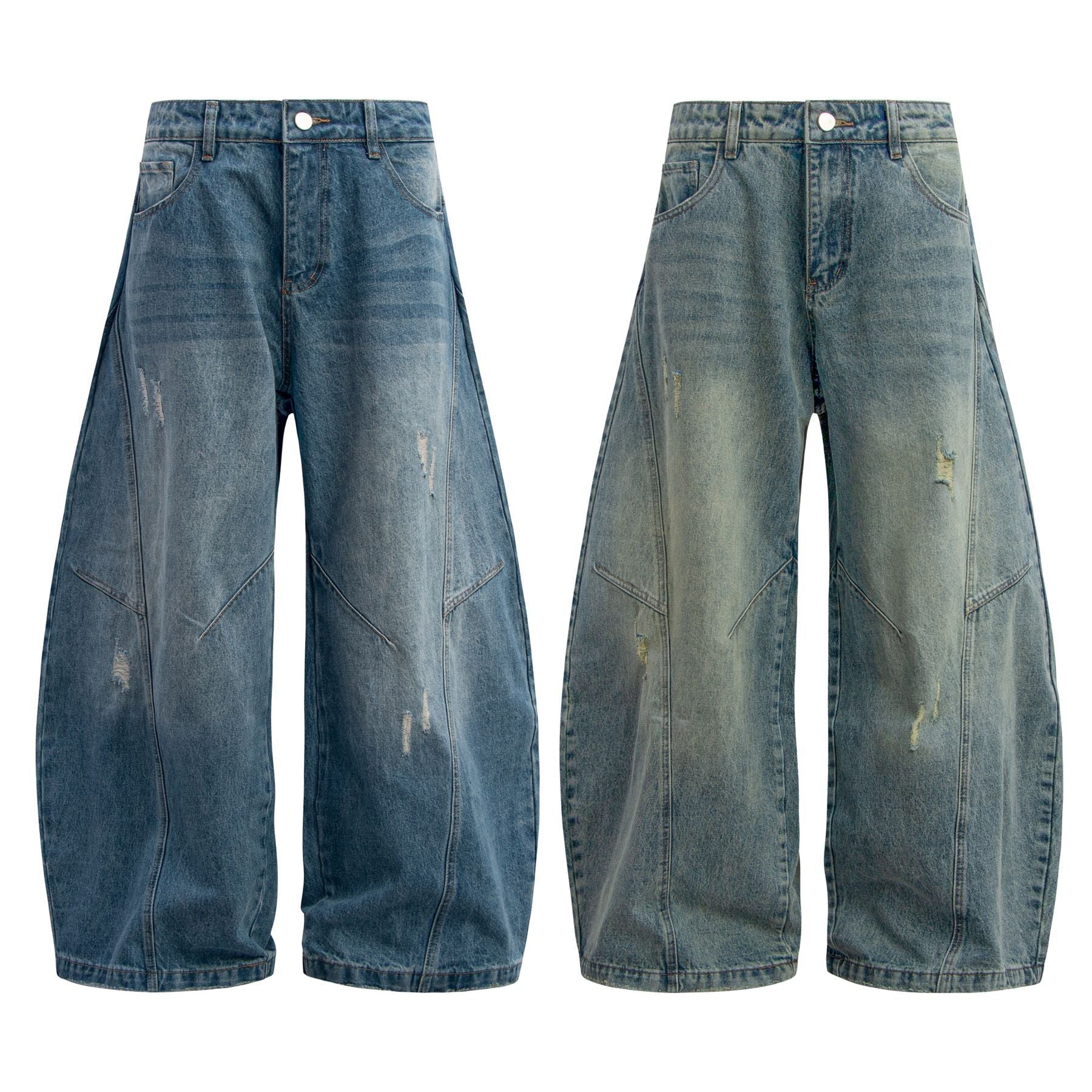 Washed Panel Design Wide Leg Denim Jeans