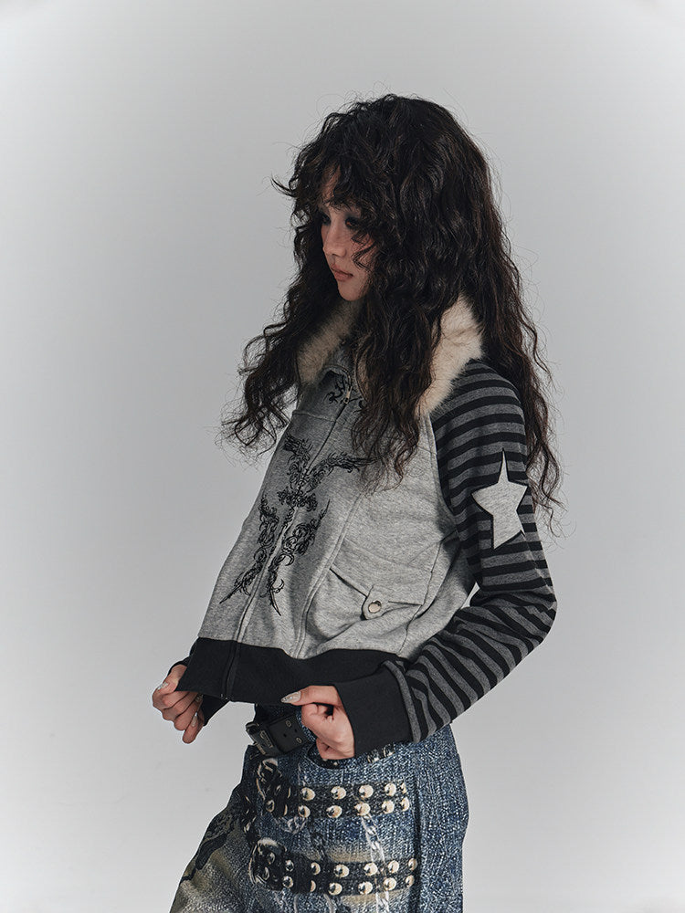 Fur Collar Patchwork Oversize Zipper Hoodie