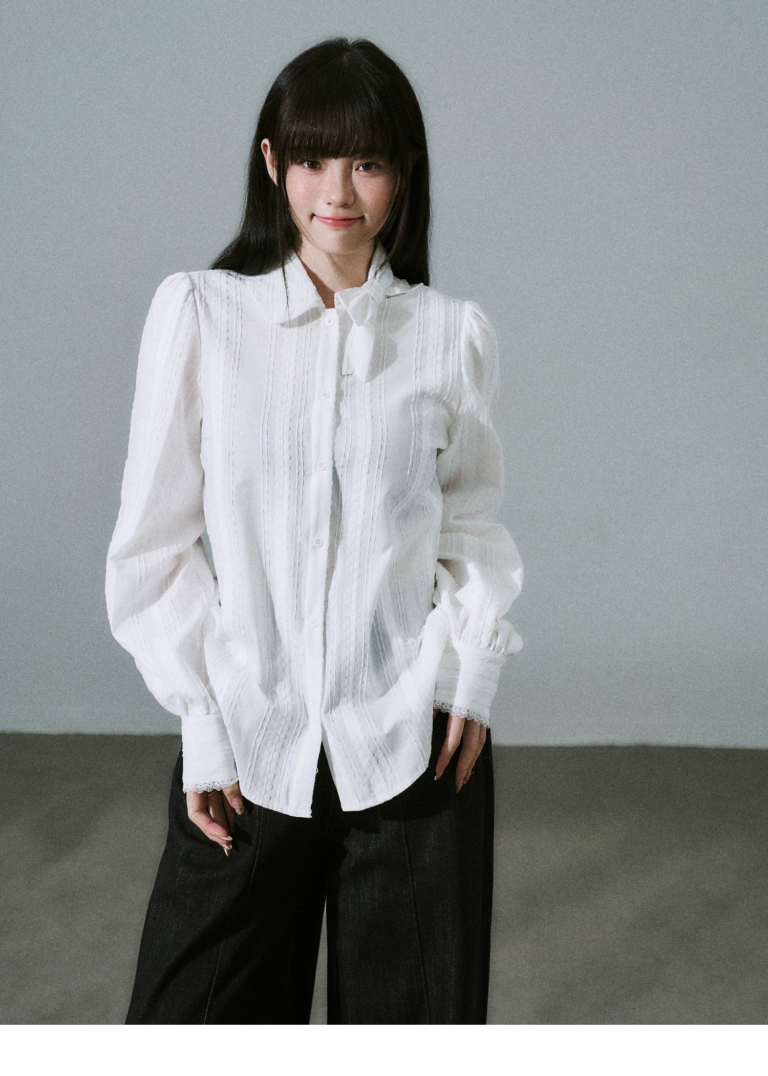 Bow Tie Collar Pleats Detail Blouse