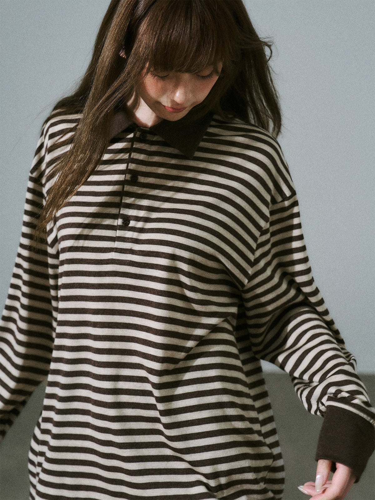 Brown Striped Long Sleeve Polo-Shirt