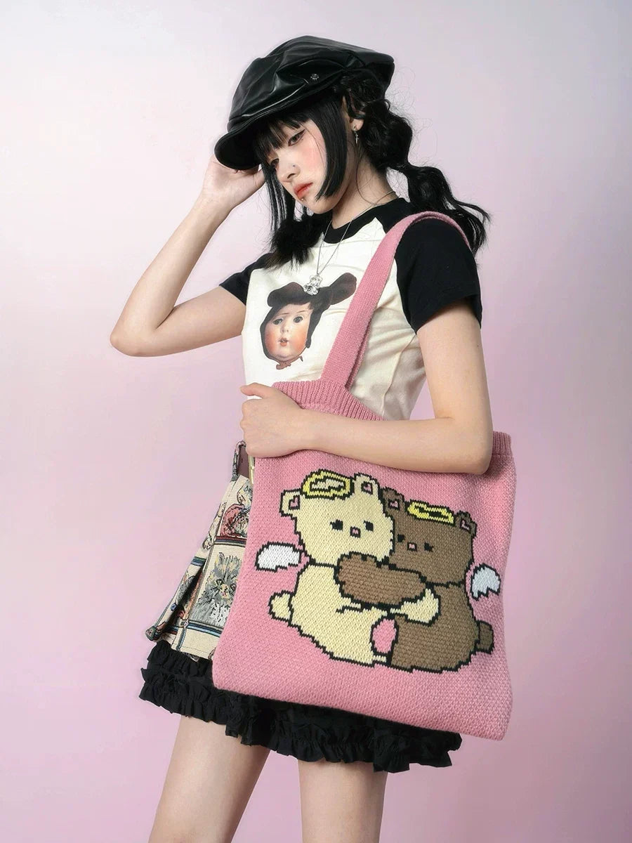 Angel Bear Jacquard Knit Tote Bag
