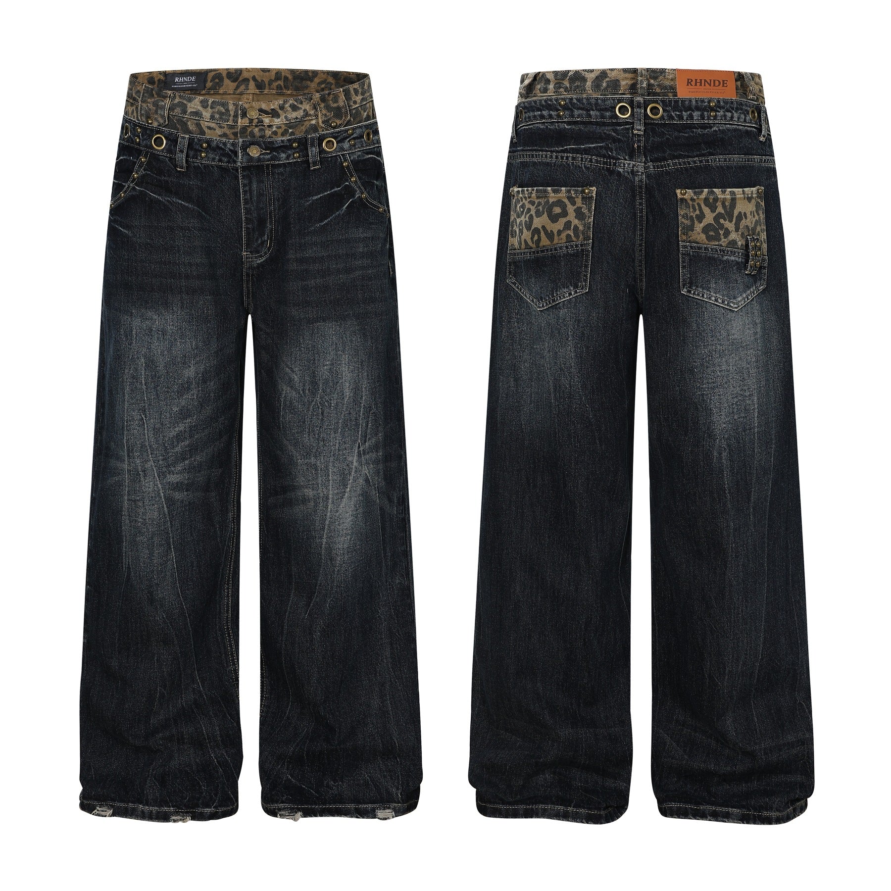 Fake Layered Leopard Print Wide Leg Denim Jeans