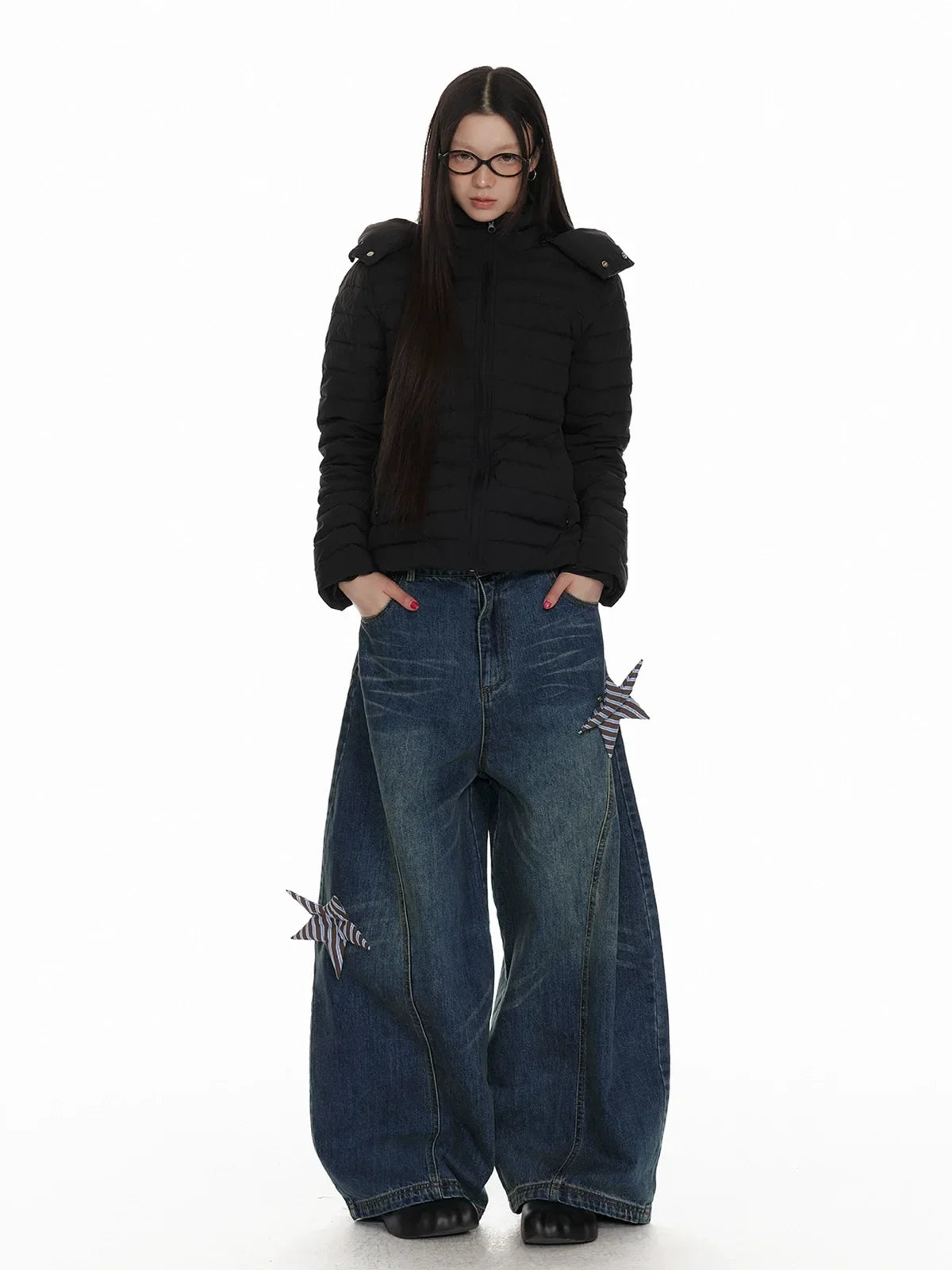 Star Patch Washed Wide-Leg Denim Jeans