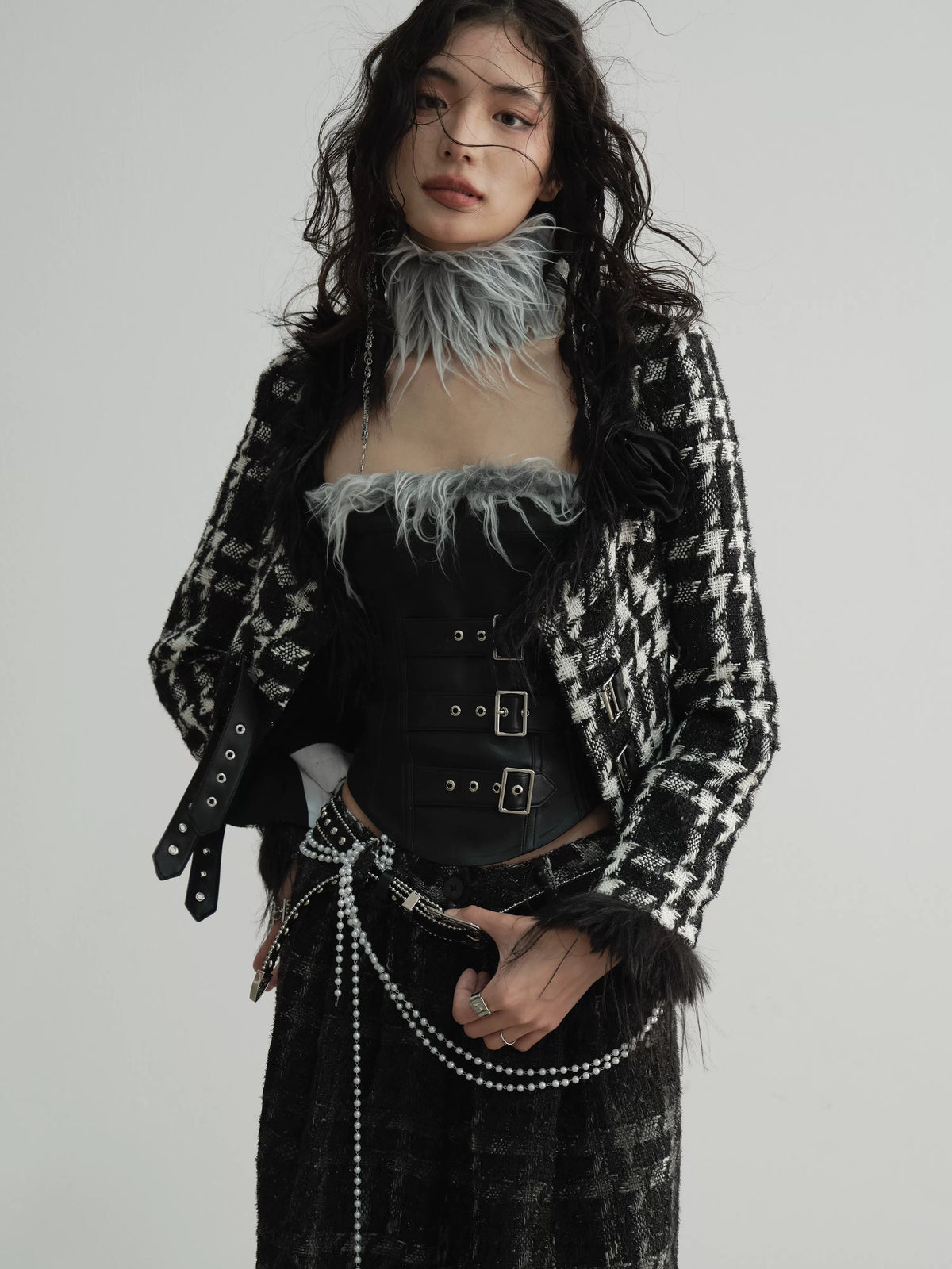 Hairy Low Collar Houndstooth Jacket