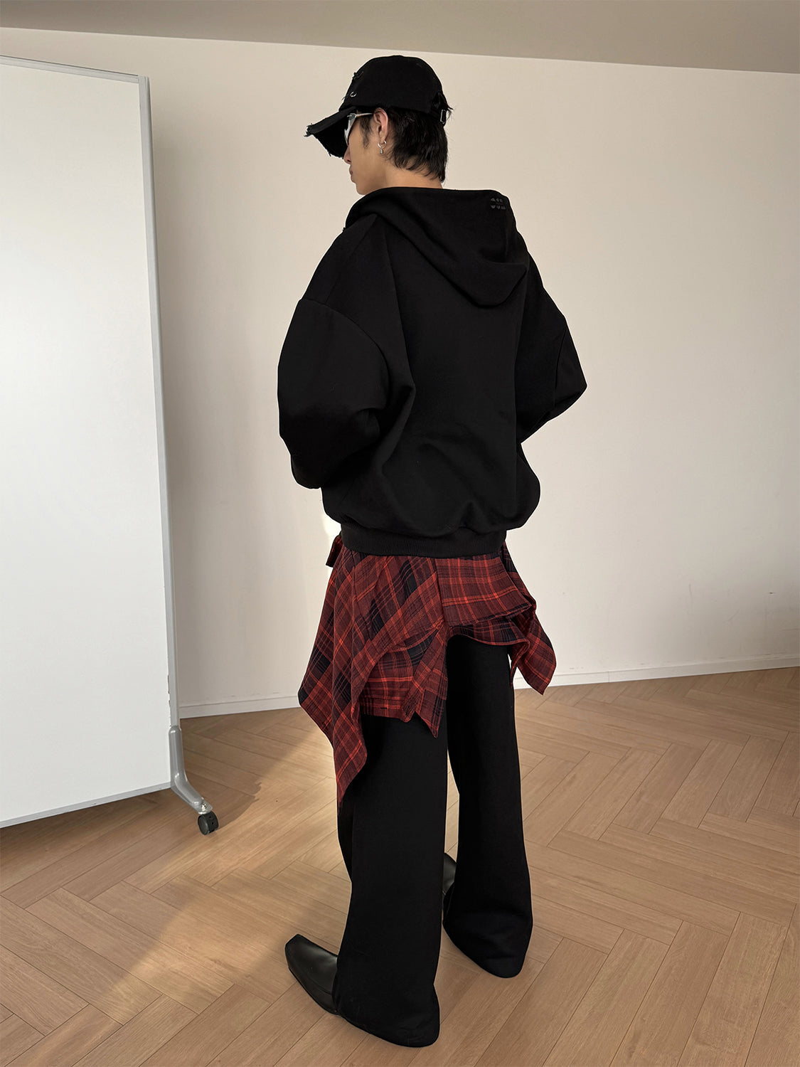 Detachable Fake Layered Plaid Shirt Zipper Hoodie