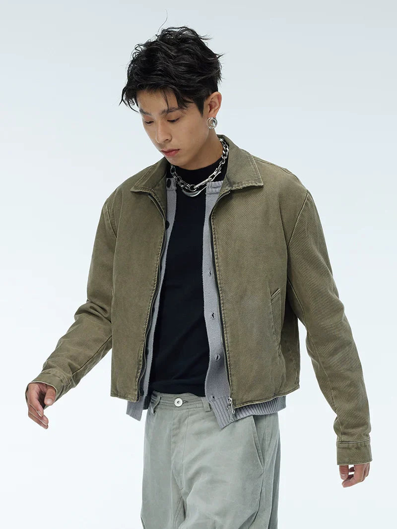 Washed Polo Collar Zipper Jacket