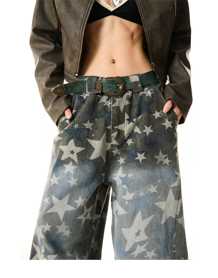 Star Print Damage Wide Leg Denim Jeans