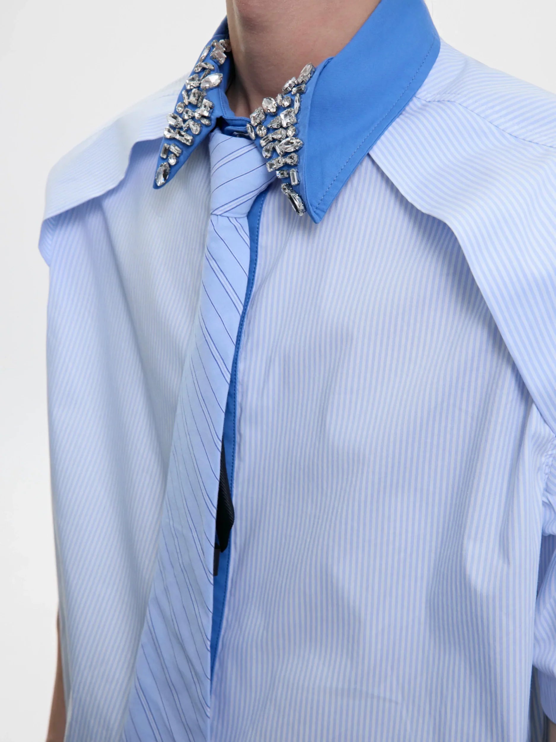 Rhinestone Stripe Two-Tone Patchwork Short Sleeve Shirt