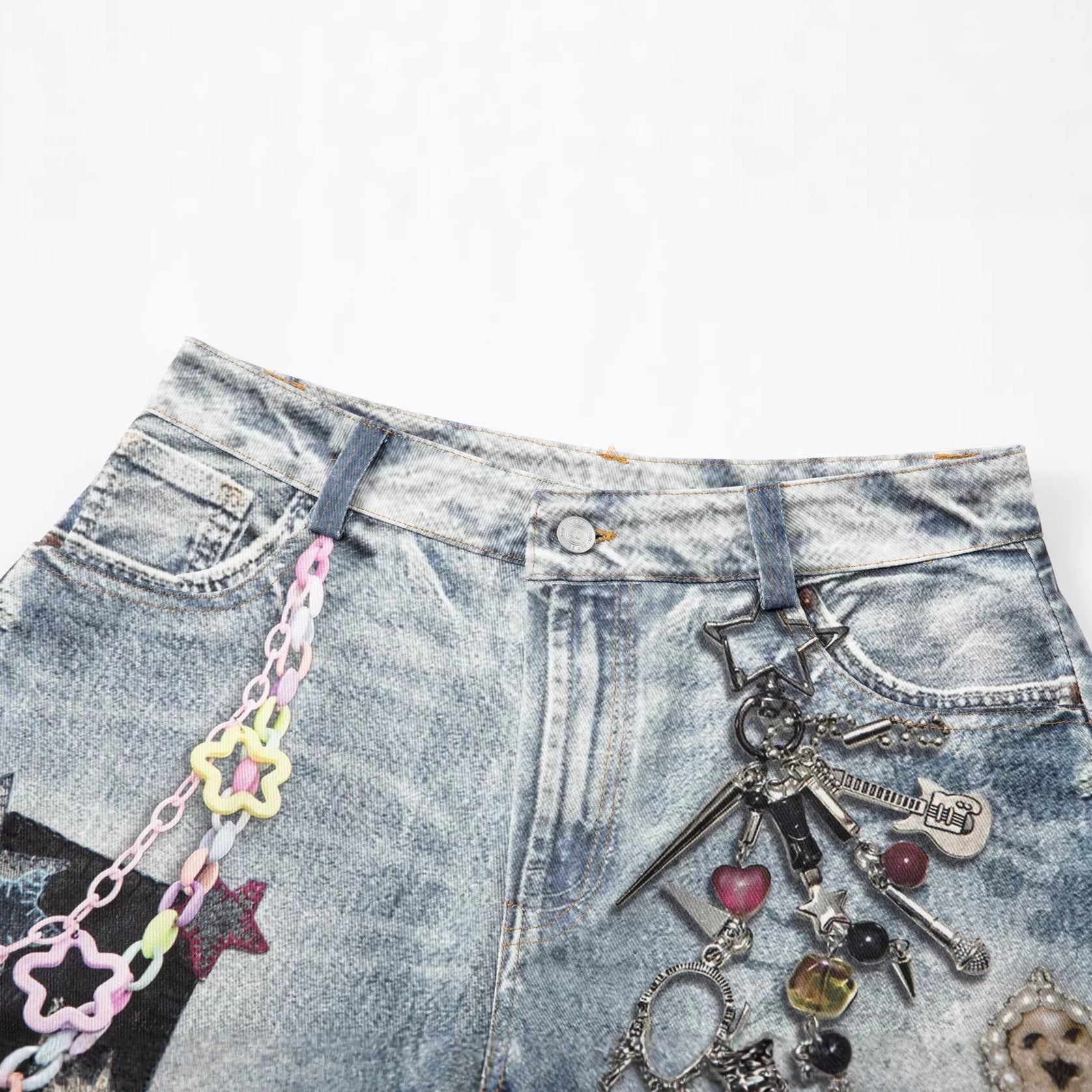 Washed Charm Patch Wide Leg Cropped Denim Jeans