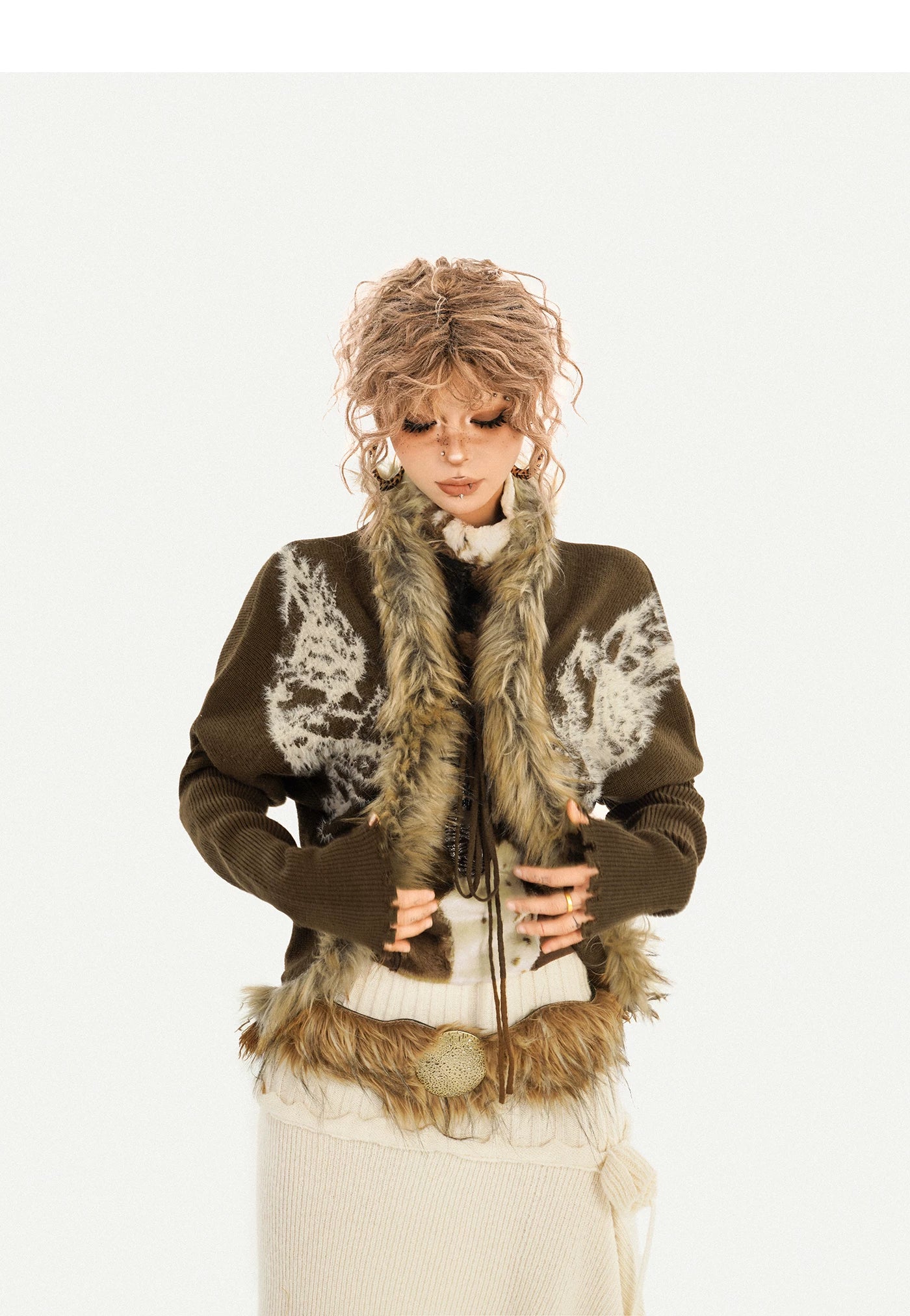 Original Design Batwing Sleeve Fake Fur Collar Knit Cardigan
