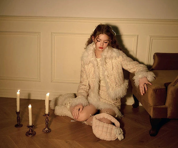 Textured Fake Fur Short Skirt & Jacket Setup