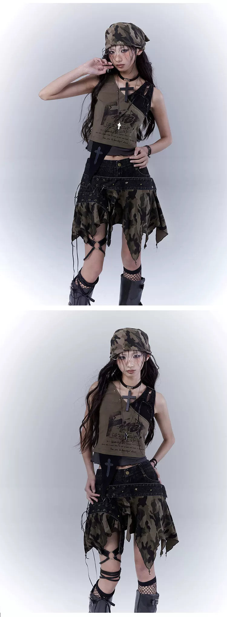 Original Design Damage Camouflage Lace-Up Short Denim Skirt