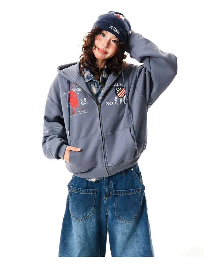 Letter Embroidery Washed Zipper Hoodie