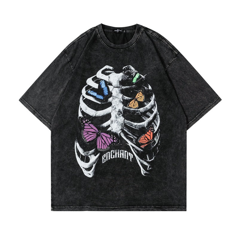 Washed Skeleton Butterfly Print Short Sleeve T-Shirt