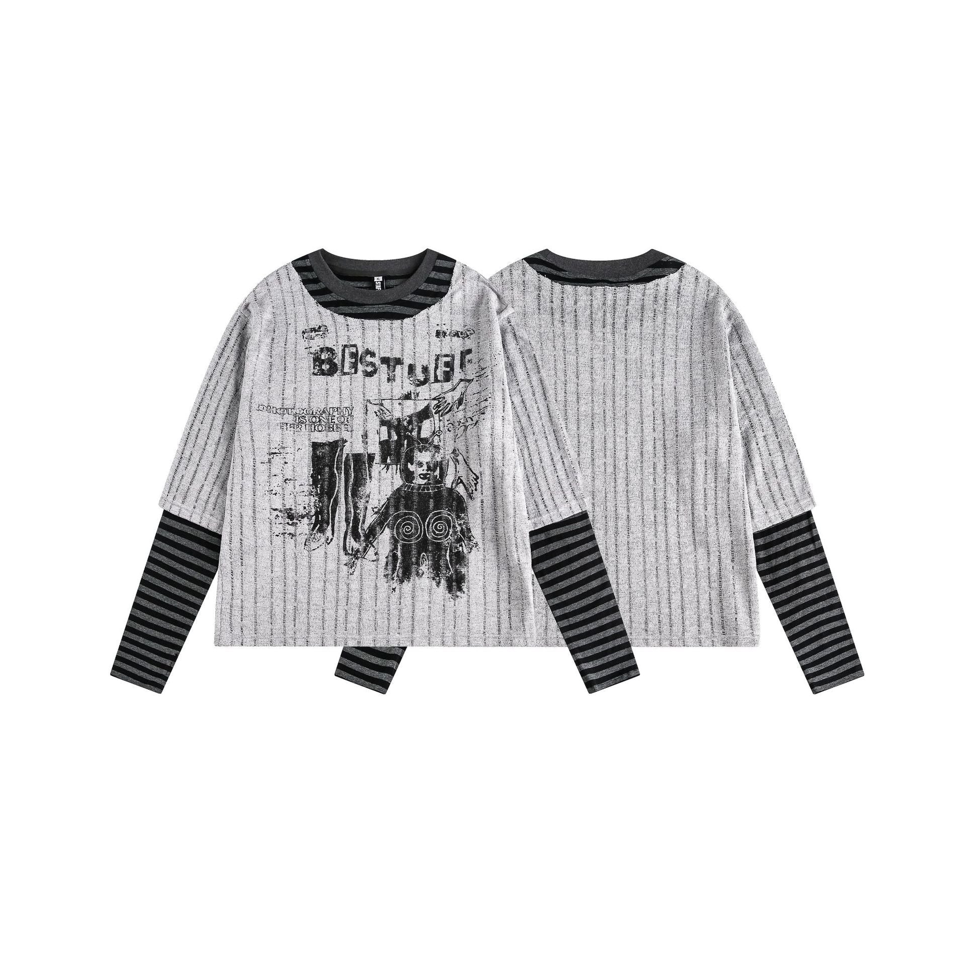 Stripe Fake Layered Graphic Long Sleeve T-Shirt