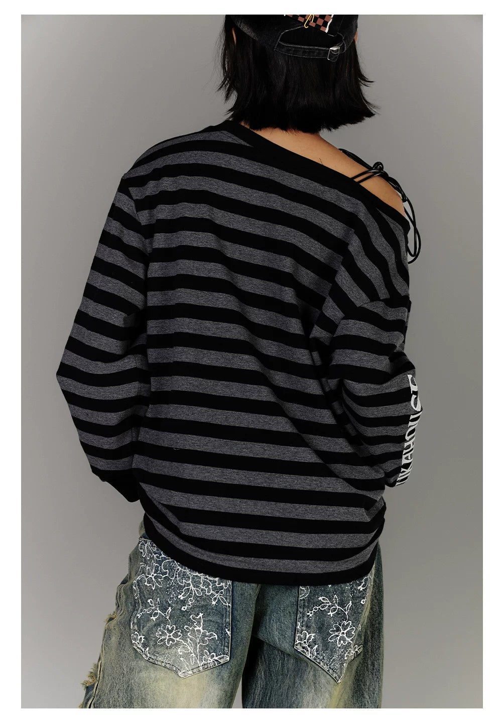 Off-Shoulder Drawstring Stripe Oversize Long Sleeve T-Shirt