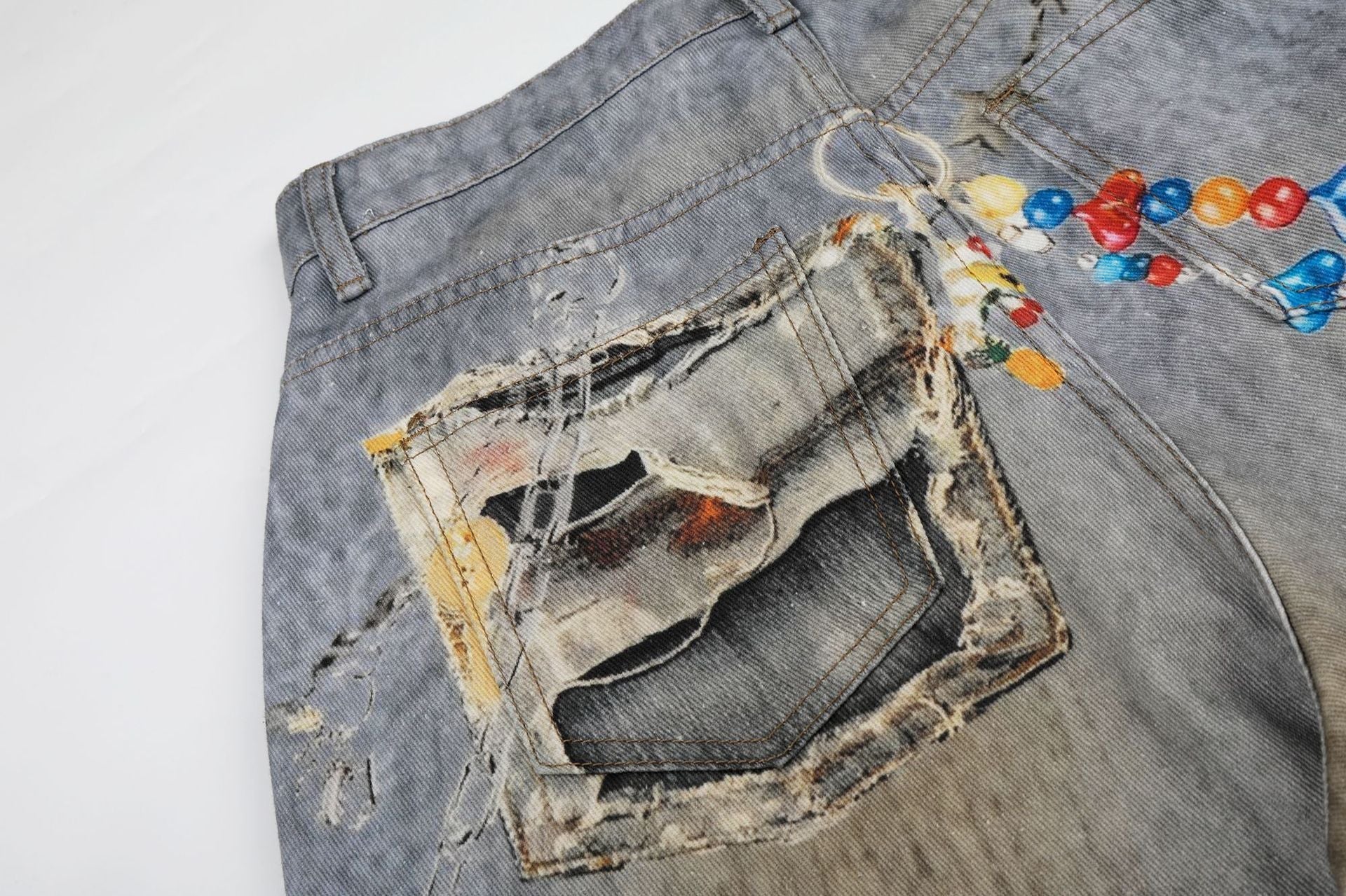 Washed Damage Embroidery Wide Leg Denim Jeans