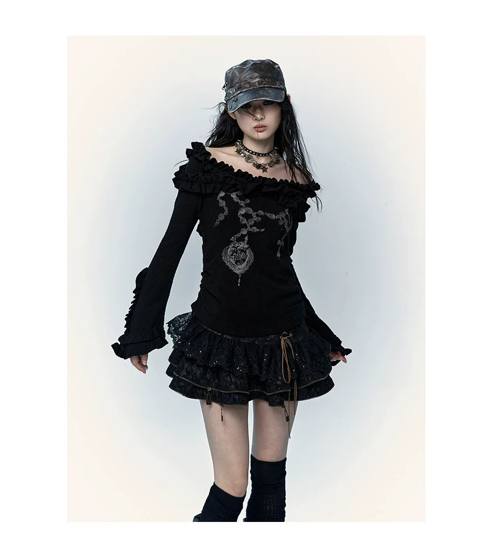 Ruffle Print Flare Sleeve Long Sleeve T-Shirt