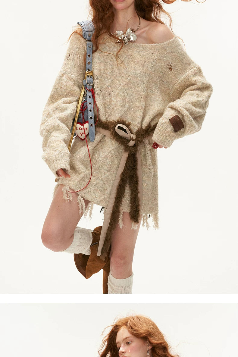 Wool Blend Tassel Knit Sweater & Waist Belt
