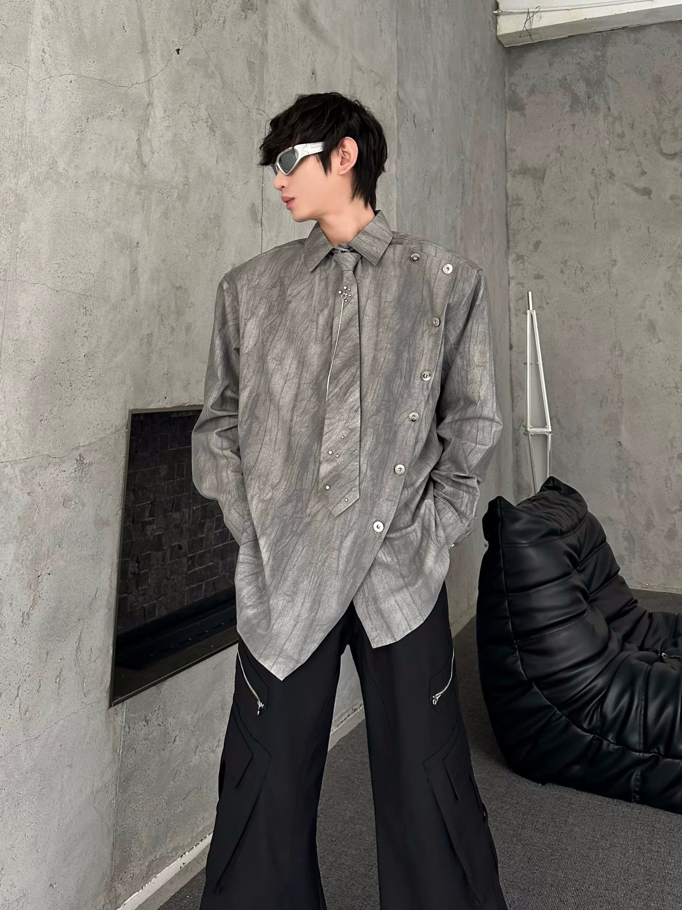 Shoulder-Pad Tie Design Oversize Long Sleeve Shirt
