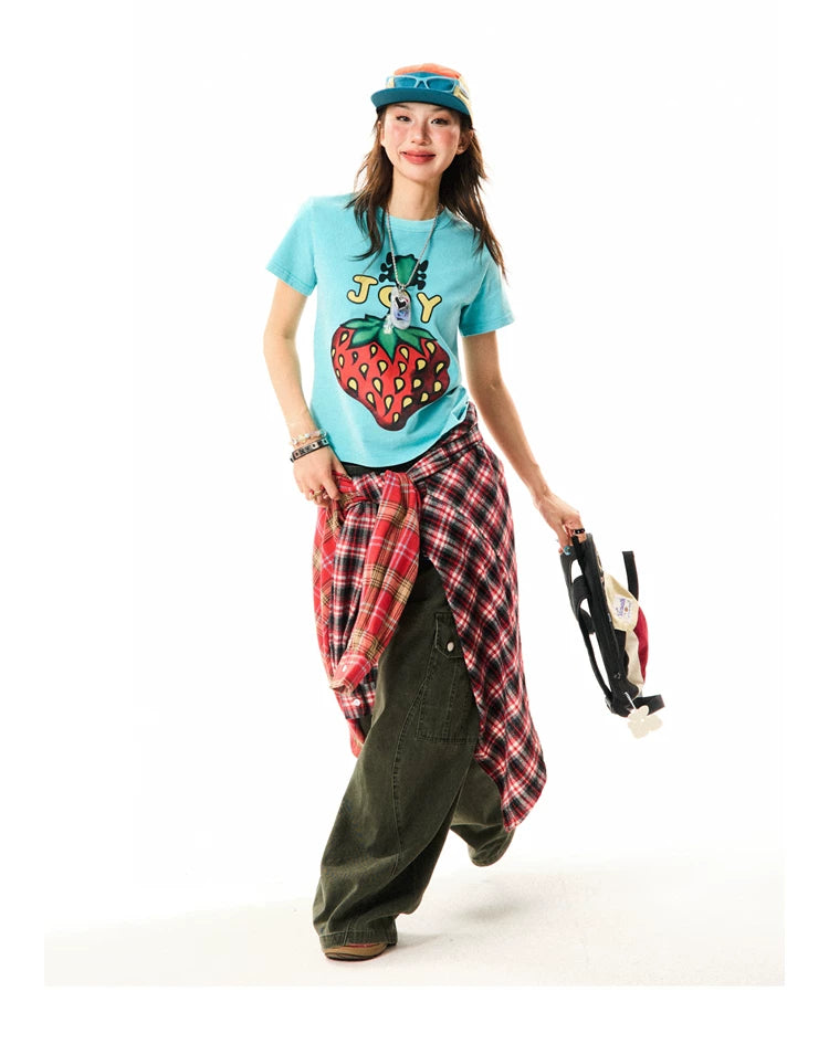 Strawberry Print Cropped Short Sleeve T-Shirt