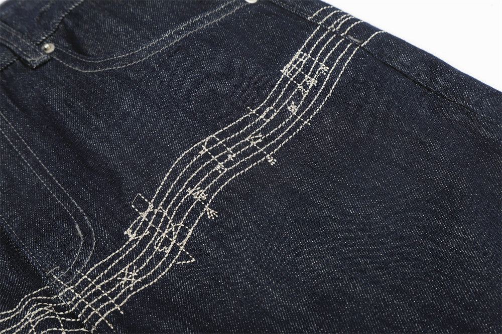 Musical Embroidery Wide-Leg Jeans