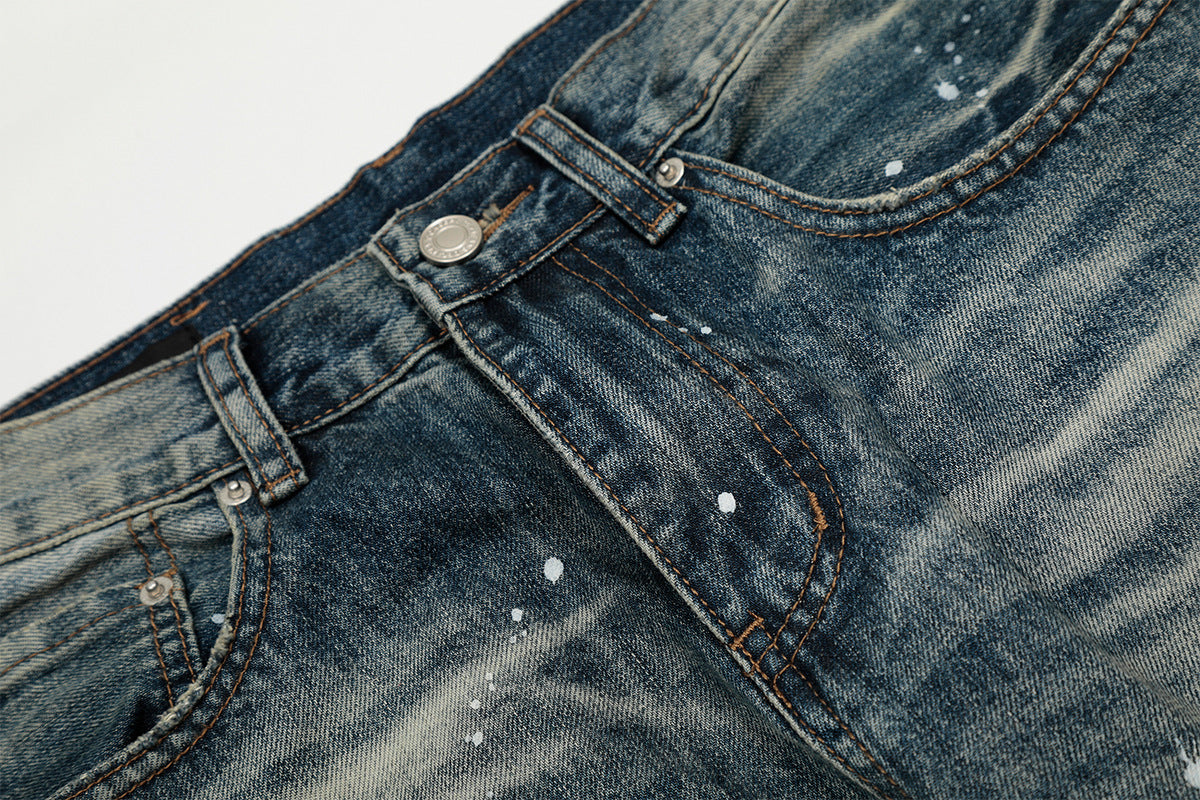 Washed Paint Splatter Curved Wide Leg Denim Jeans