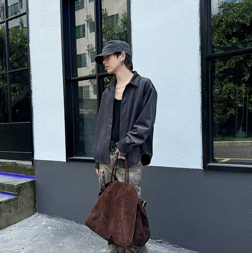 Oversize-Hemdjacke aus Veloursleder - Schwarz / M