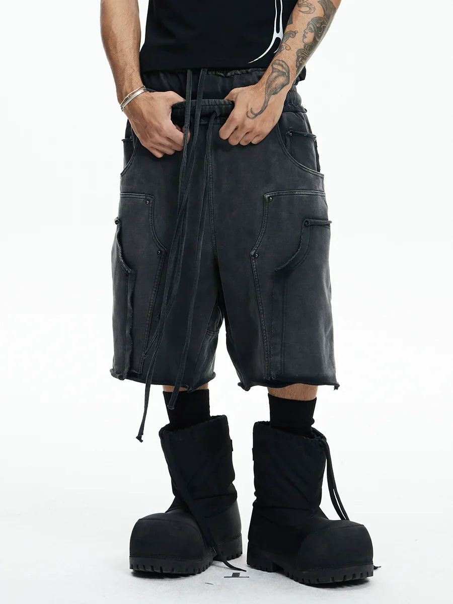 Deconstructed Double Waist Washed Wide Leg Half Sweatpants