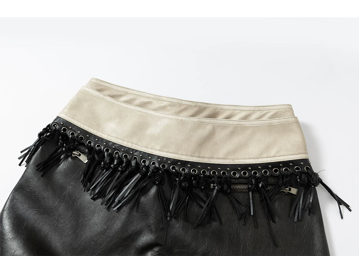 Lace Panel Buckle Detail Wide Leg PU Leather Pants
