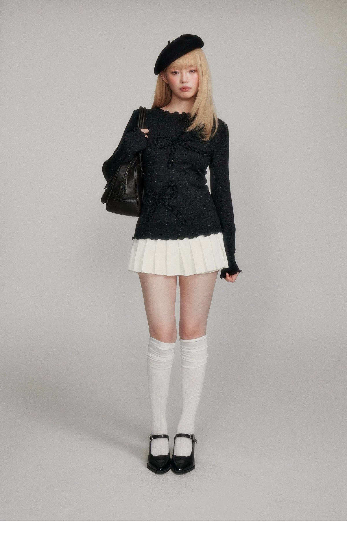 Dot Pattern Bow Lyocell Thermal Long Sleeve T-Shirt