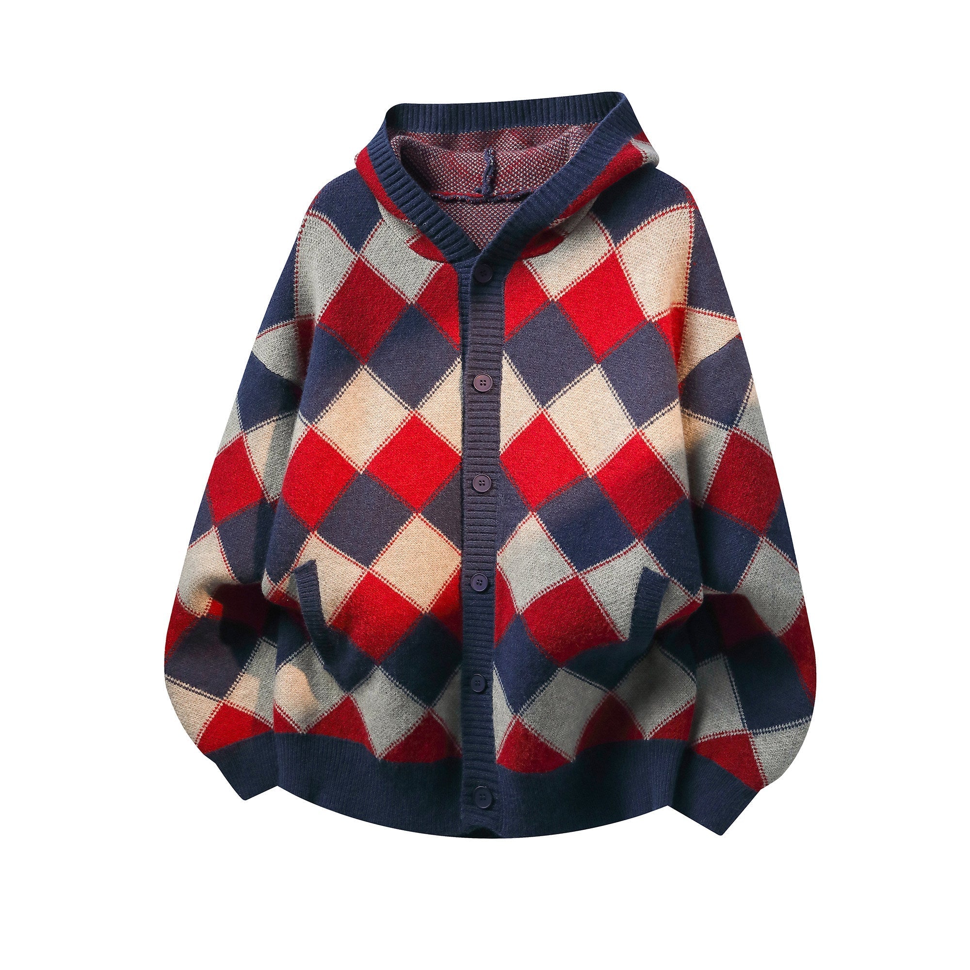 Heavyweight Diamond Pattern Oversize Hooded Knit Cardigan & Knit Sweater