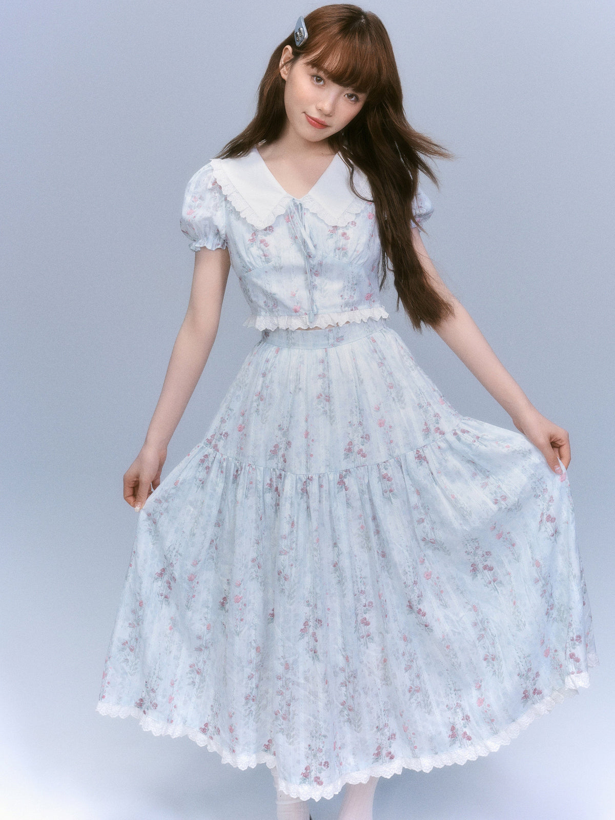 Floral-Print Blouse & Lace Trim Flared Skirt Setup