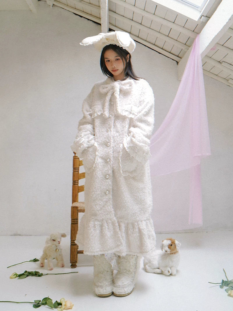 Plush Bow Ruffle Long Coat