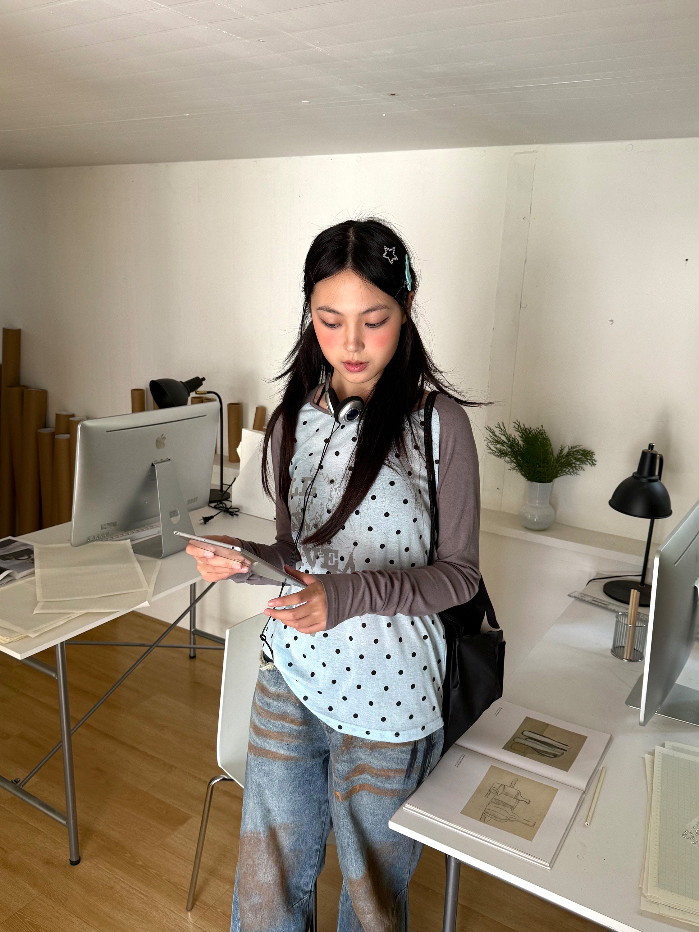 Polka Dot Letter Print Fake Layered Fitted Long Sleeve T-Shirt